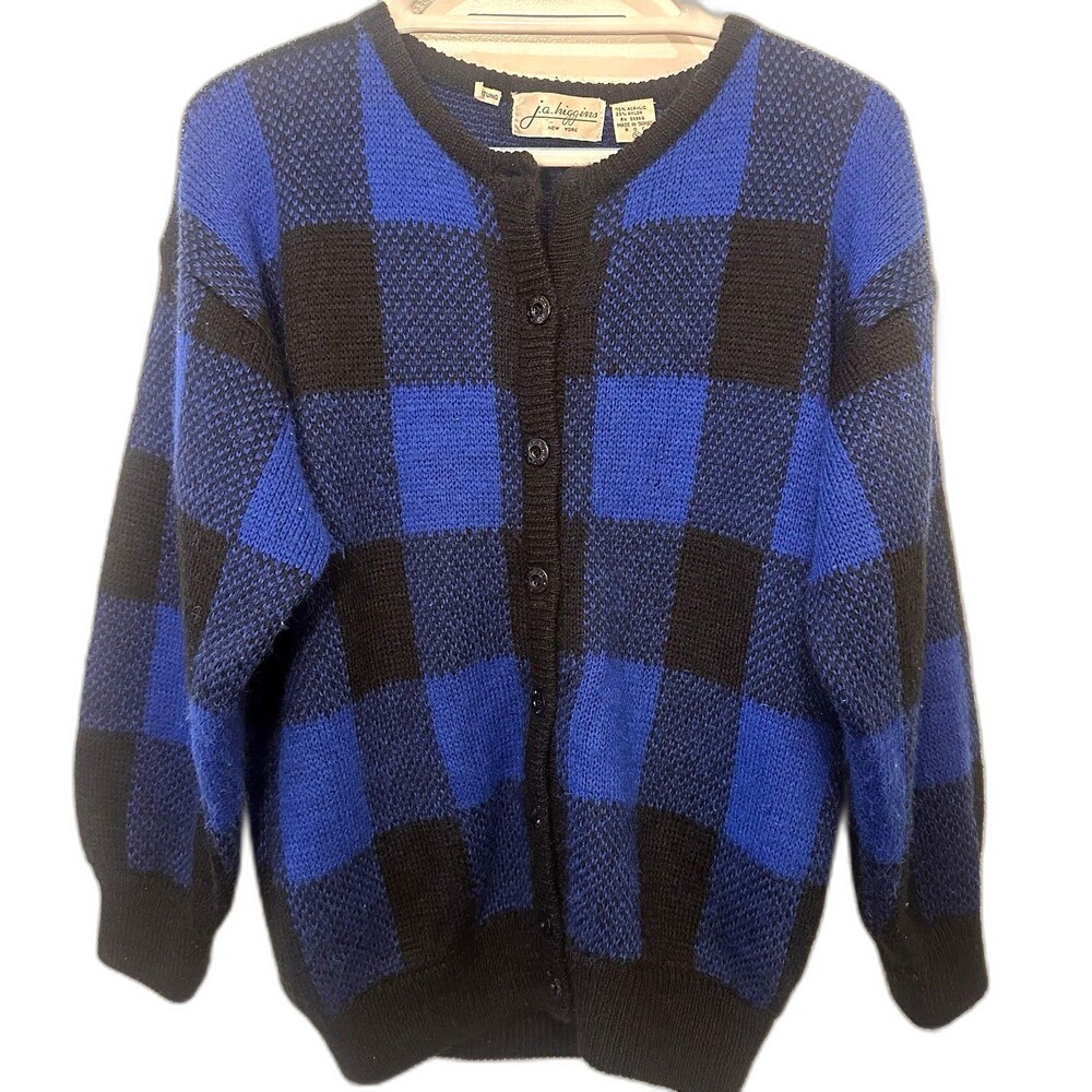 Vintage J.A. Higgins Buffalo Plaid Cardigan Blue Black Button Sweater USA Small